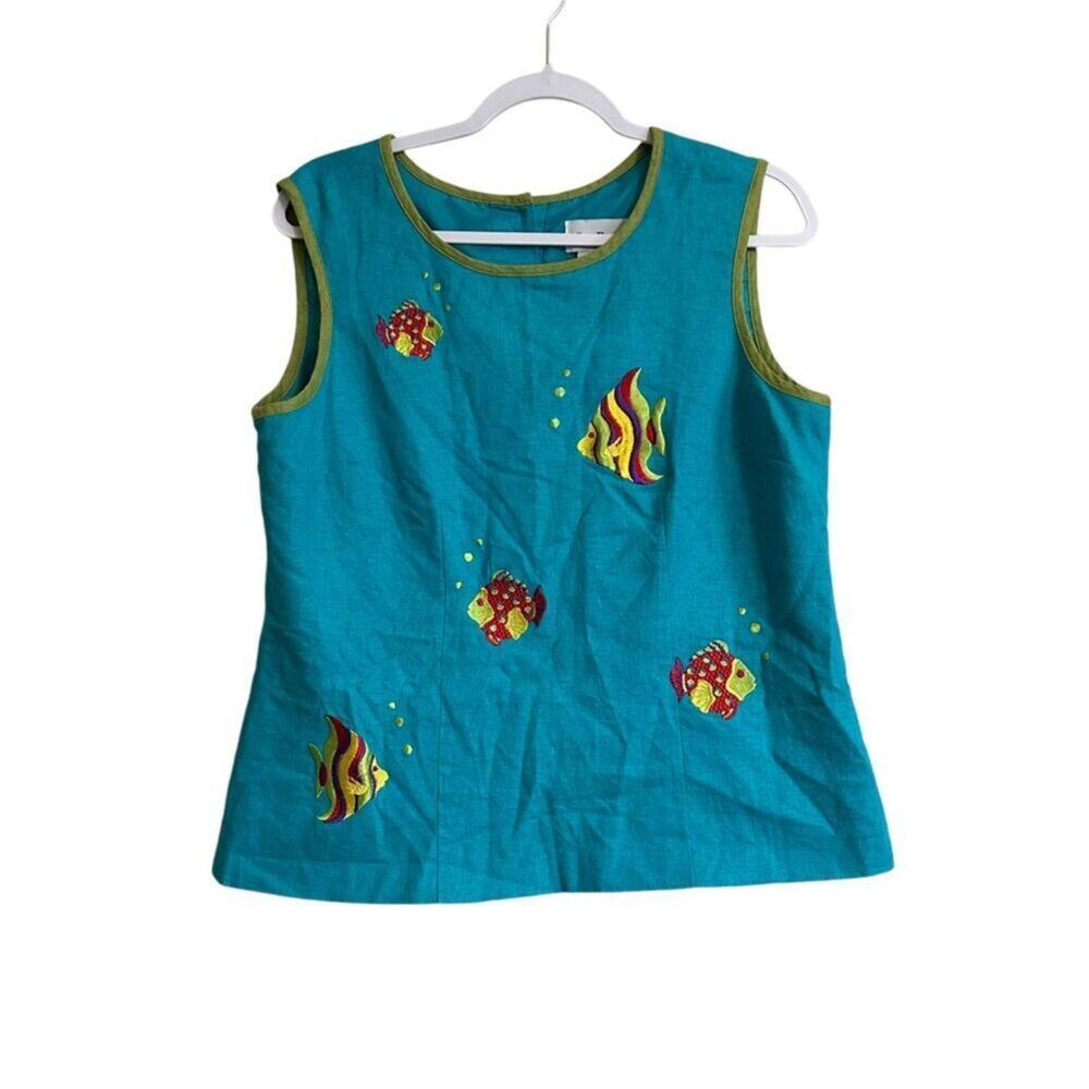 Vtg. Ultra Dress Linen Blend Sleeveless Top Women‎ 14 Turquoise Fish Embroidered